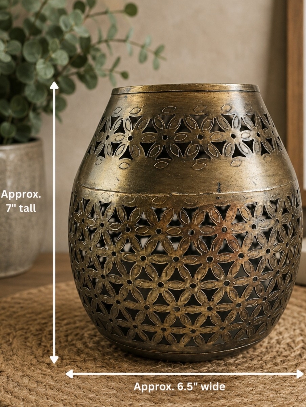 Vintage Style Pierced Metal Floral Lantern Candle Holder Bronze Gold 7" Boho